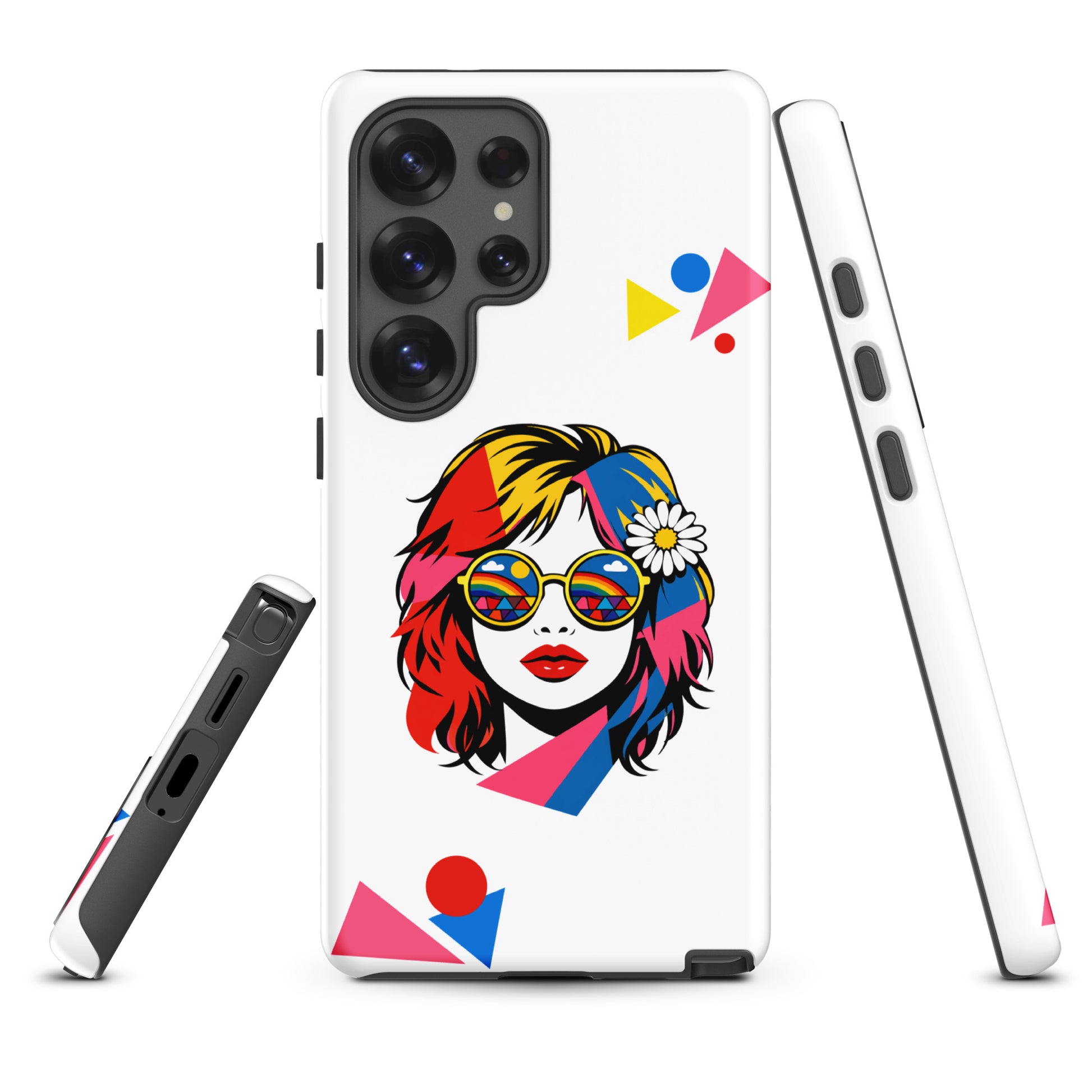 Retro pop art woman with rainbow sunglasses and a daisy hair accessory on a Samsung Galaxy phone case.