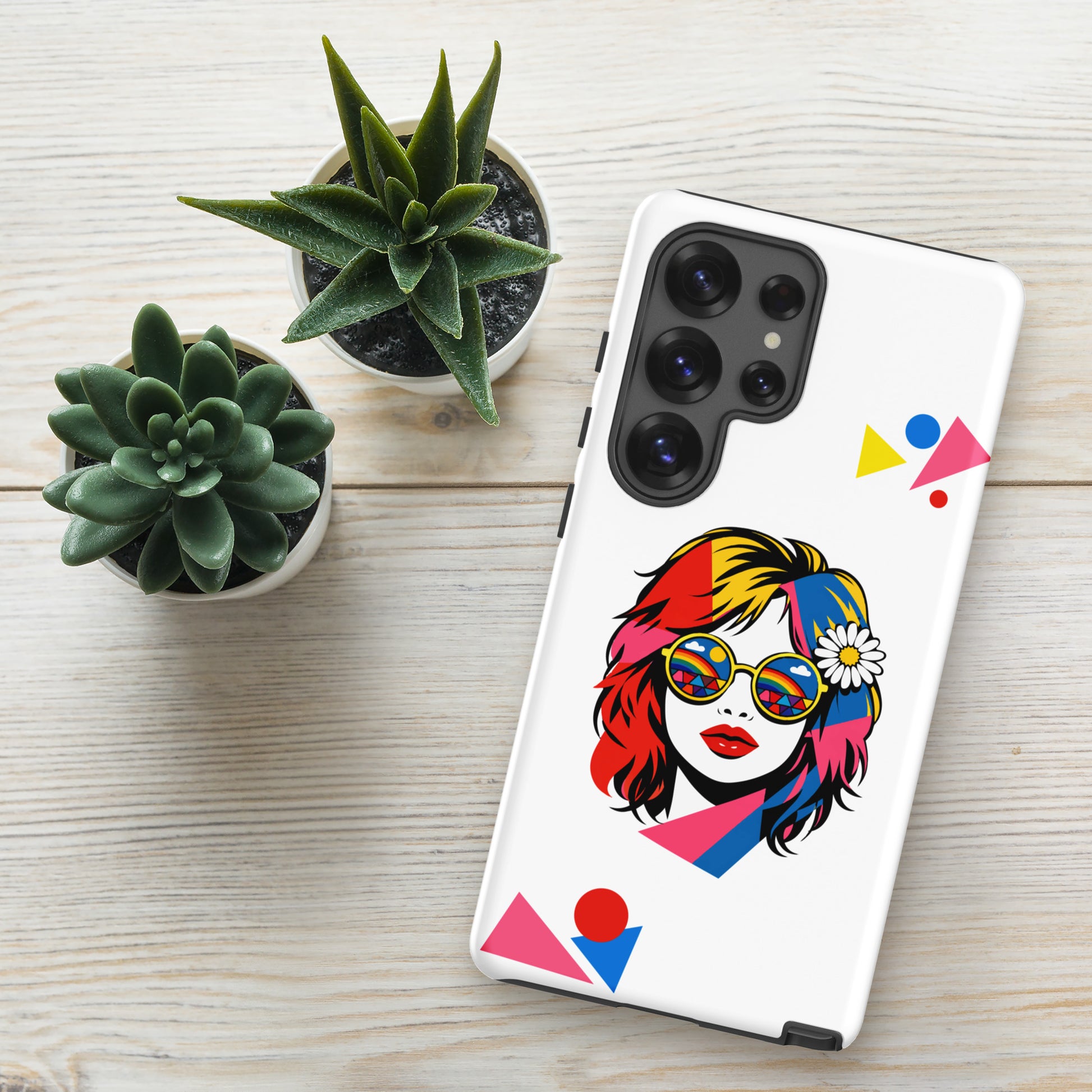 Retro pop art woman with rainbow sunglasses and a daisy hair accessory on a Samsung Galaxy phone case.