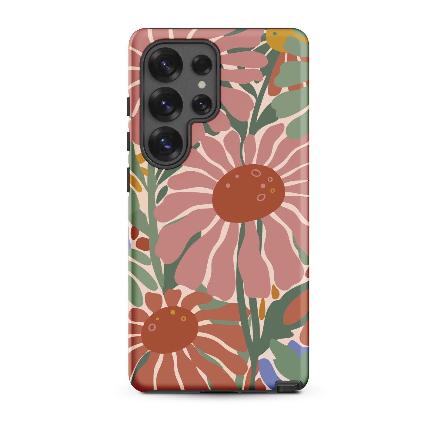 Hand-drawn retro 70s floral pattern Samsung case in pink, blue, and green earth tones by Far Out Goods.