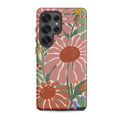 Hand-drawn retro 70s floral pattern Samsung case in pink, blue, and green earth tones by Far Out Goods.