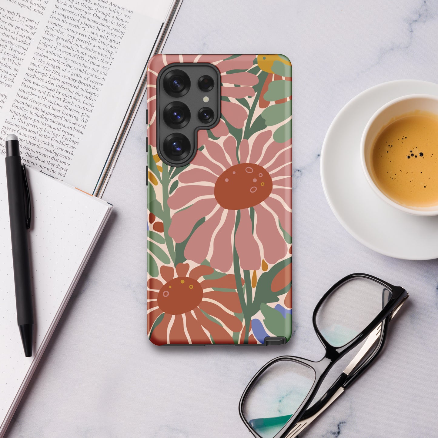 Hand-drawn retro 70s floral pattern Samsung case in pink, blue, and green earth tones by Far Out Goods.