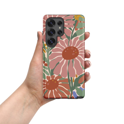 Hand-drawn retro 70s floral pattern Samsung case in pink, blue, and green earth tones by Far Out Goods.