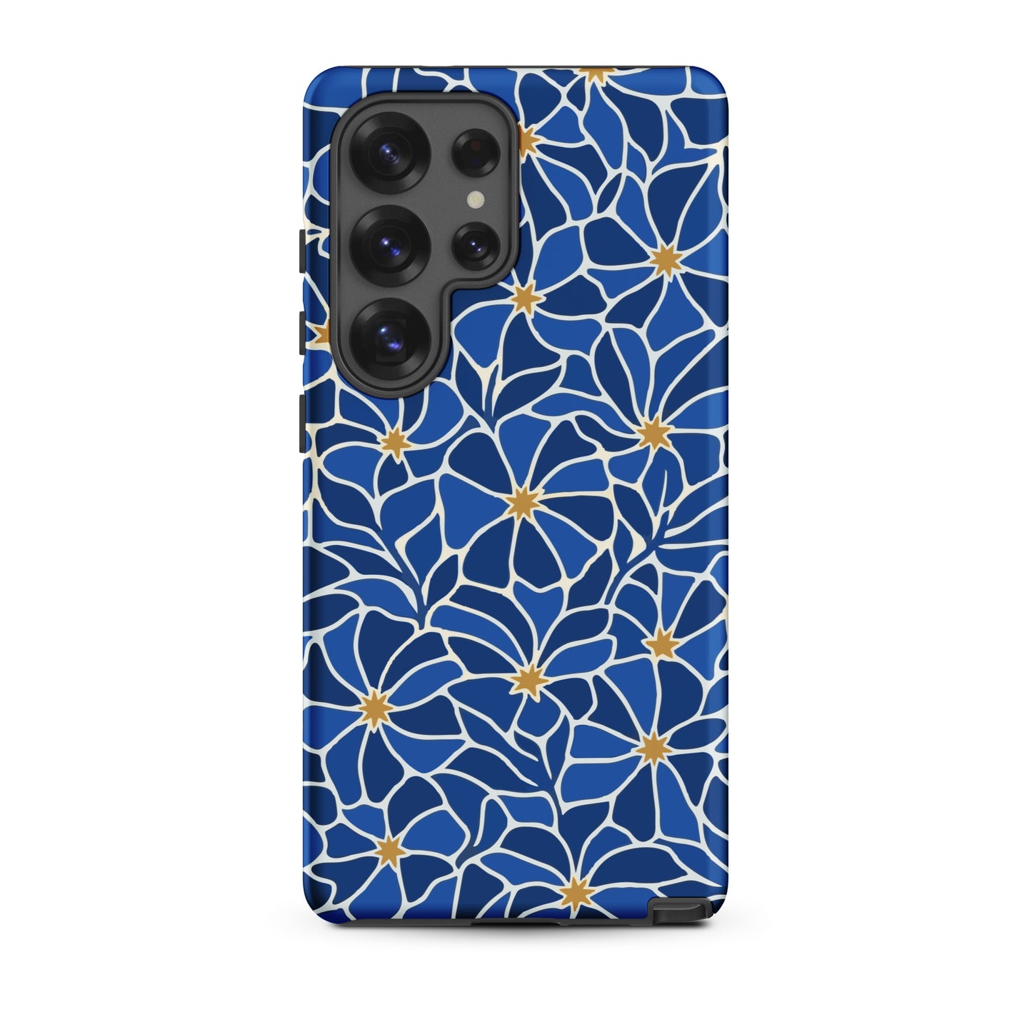 Vibrant blue mosaic floral pattern Samsung case with navy petals and gold star centers by Far Out Goods.