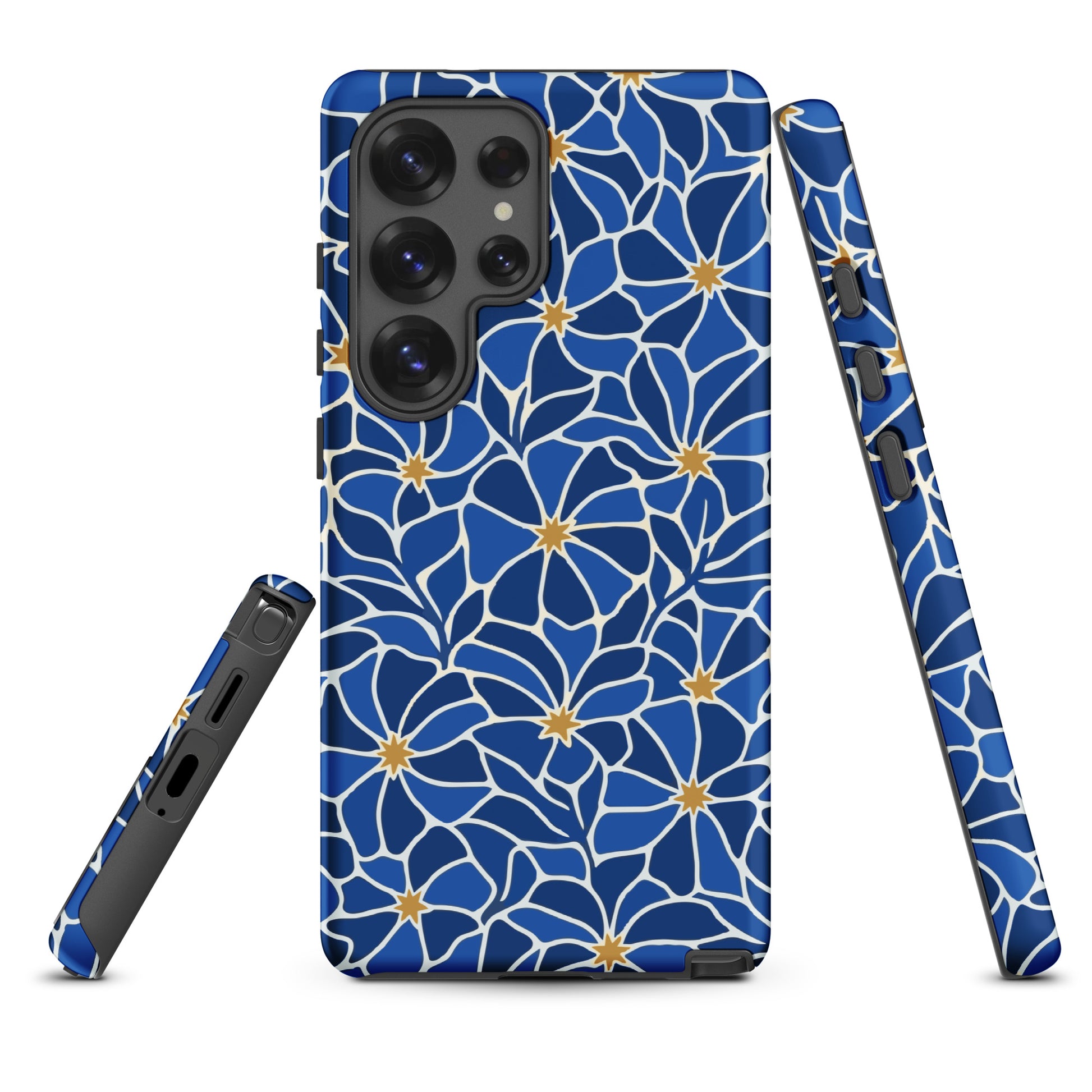 Vibrant blue mosaic floral pattern Samsung case with navy petals and gold star centers by Far Out Goods.