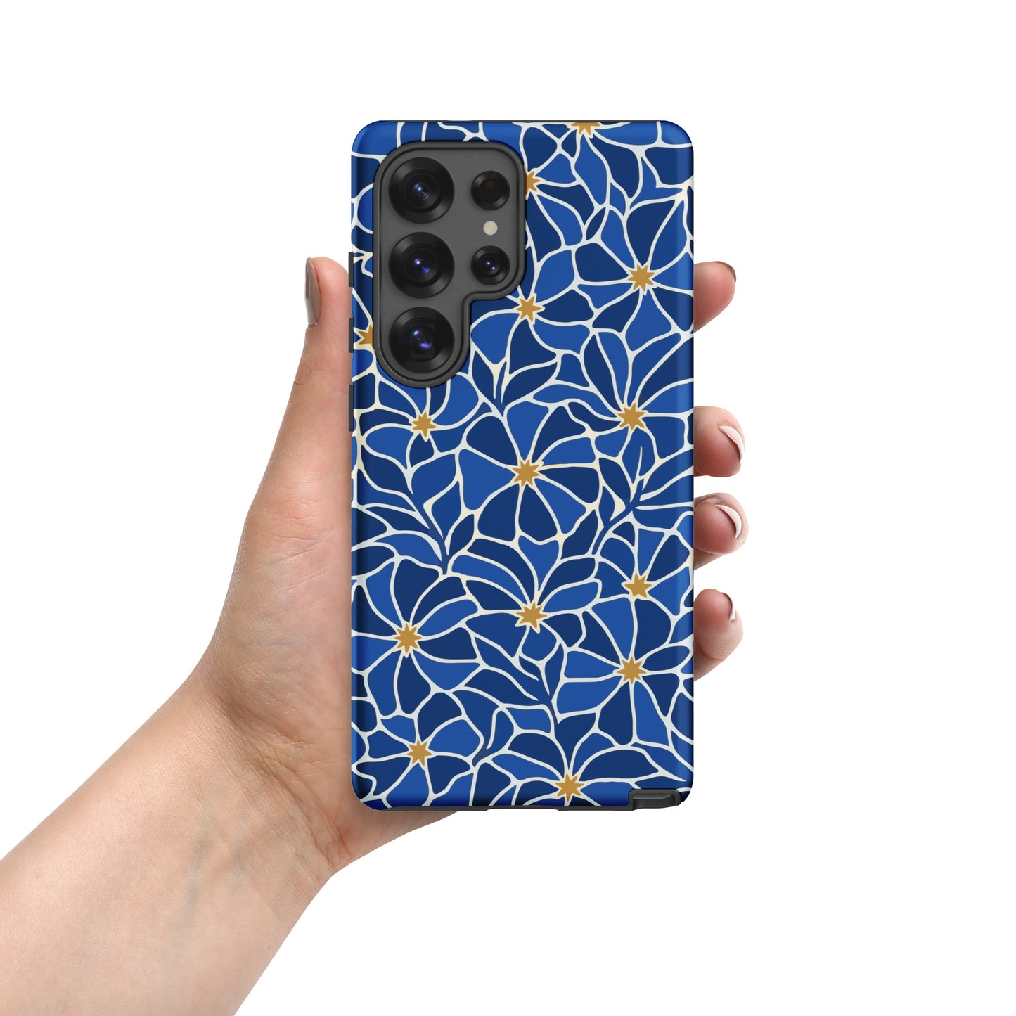 Vibrant blue mosaic floral pattern Samsung case with navy petals and gold star centers by Far Out Goods.