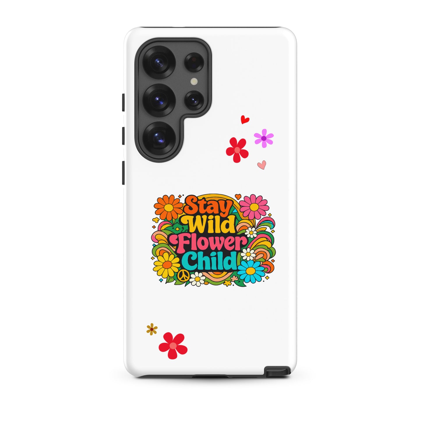Stay Wild Flower Child retro 70s typography with bright pink and orange daisies on a Samsung Galaxy phone case.