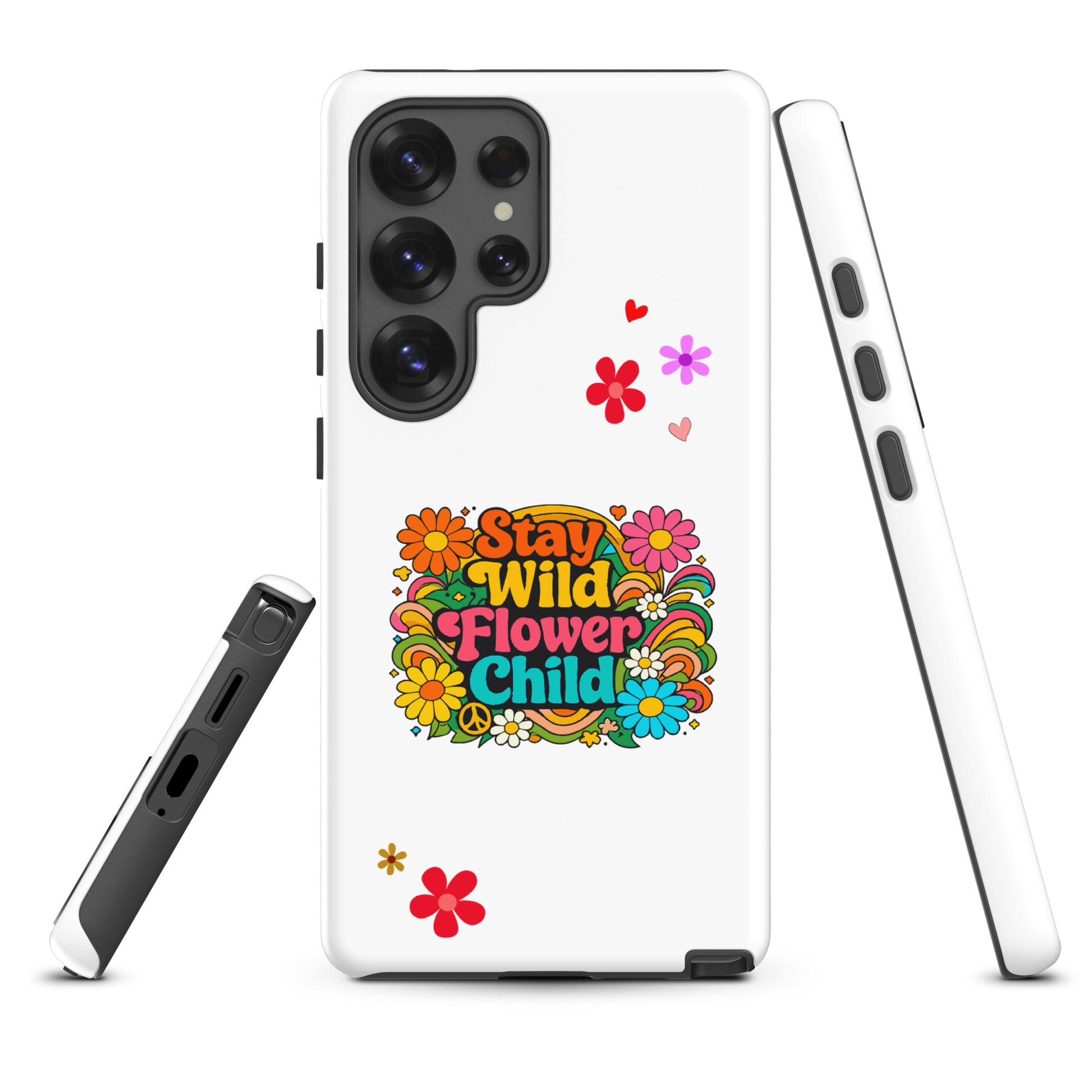 Stay Wild Flower Child retro 70s typography with bright pink and orange daisies on a Samsung Galaxy phone case.