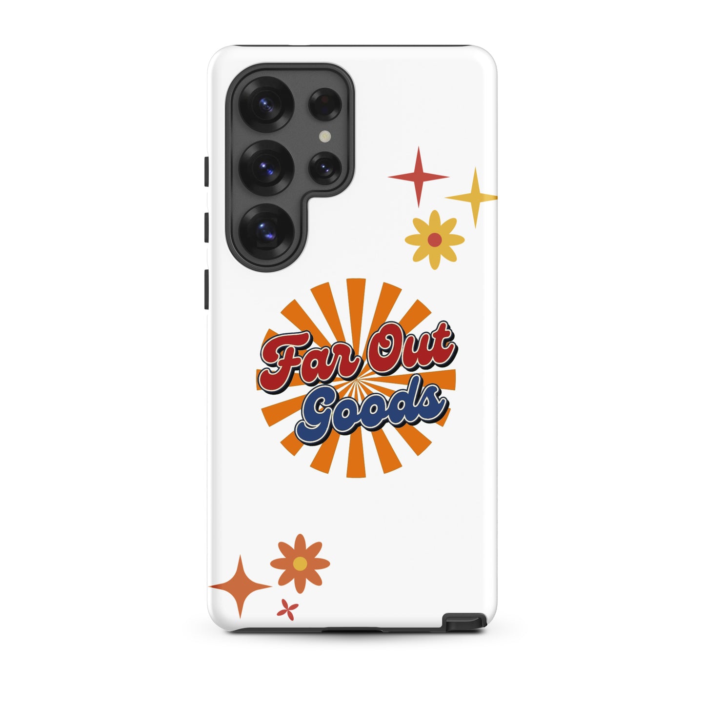 Far Out Goods logo in red and blue retro script over an orange and yellow sunburst background for Samsung phone cases.