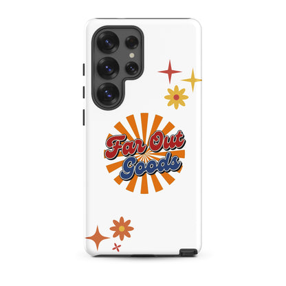 Far Out Goods logo in red and blue retro script over an orange and yellow sunburst background for Samsung phone cases.