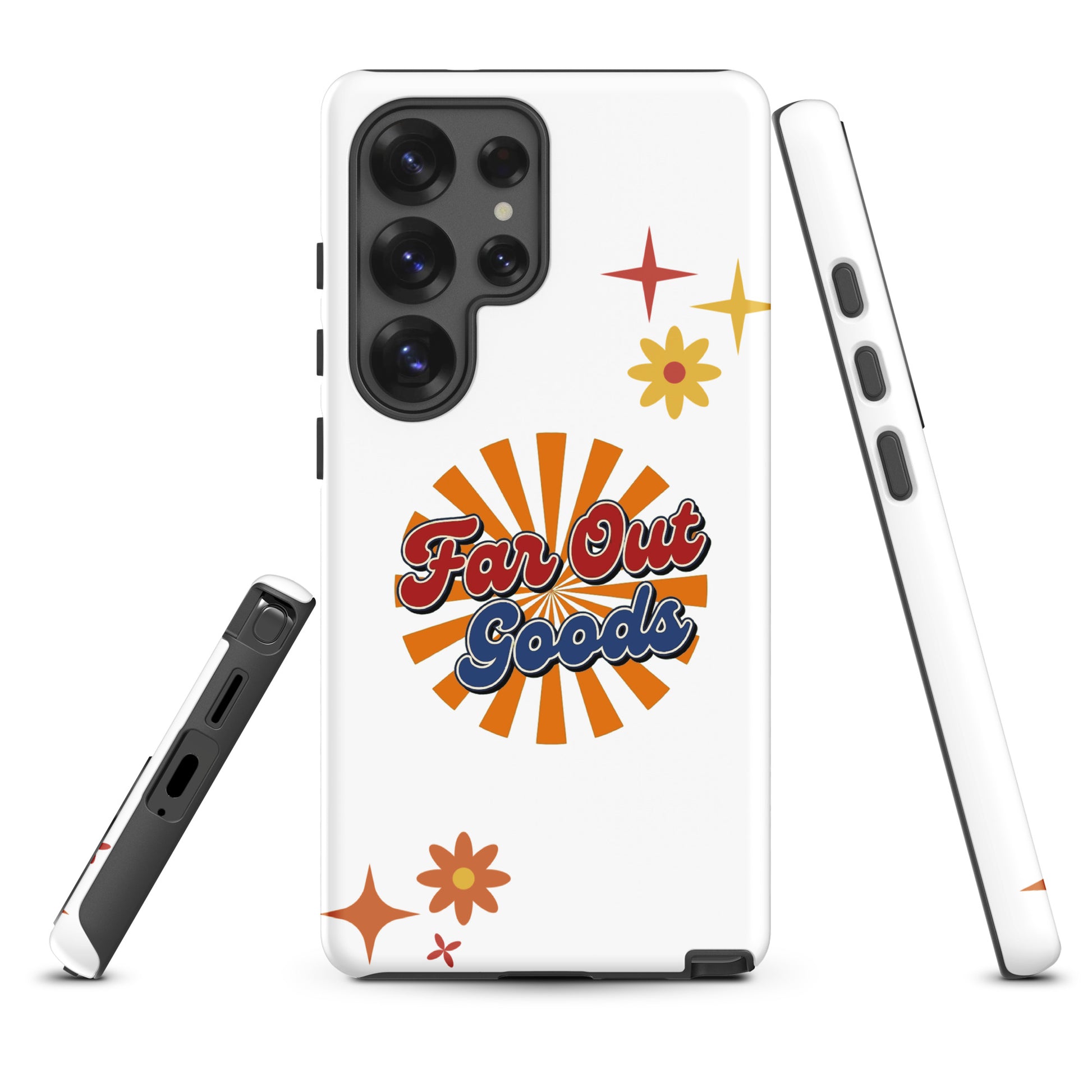 Far Out Goods logo in red and blue retro script over an orange and yellow sunburst background for Samsung phone cases.