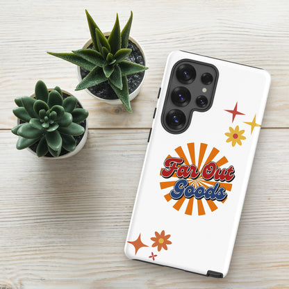 Far Out Goods logo in red and blue retro script over an orange and yellow sunburst background for Samsung phone cases.