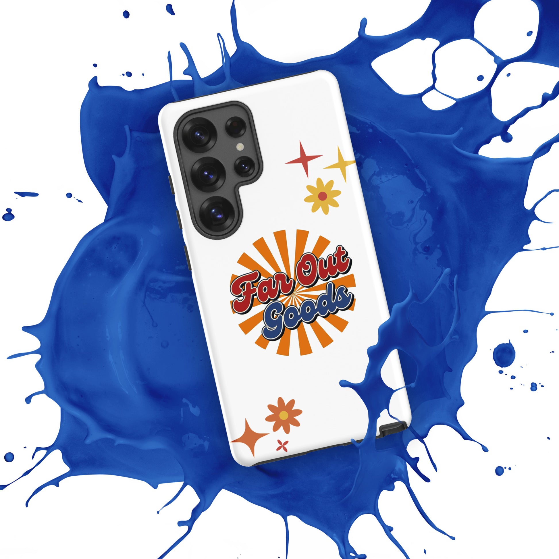 Far Out Goods logo in red and blue retro script over an orange and yellow sunburst background for Samsung phone cases.