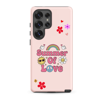 Retro Summer of Love design with pink bubble text, a rainbow, and a smiling sun on a high-quality Samsung Galaxy phone case.