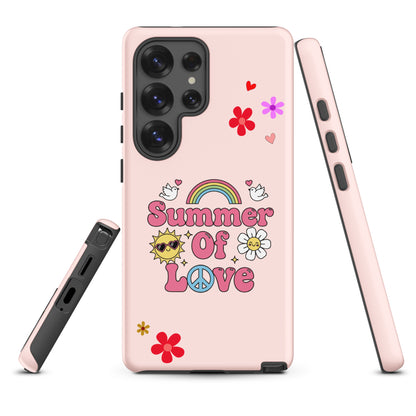 Retro Summer of Love design with pink bubble text, a rainbow, and a smiling sun on a high-quality Samsung Galaxy phone case.
