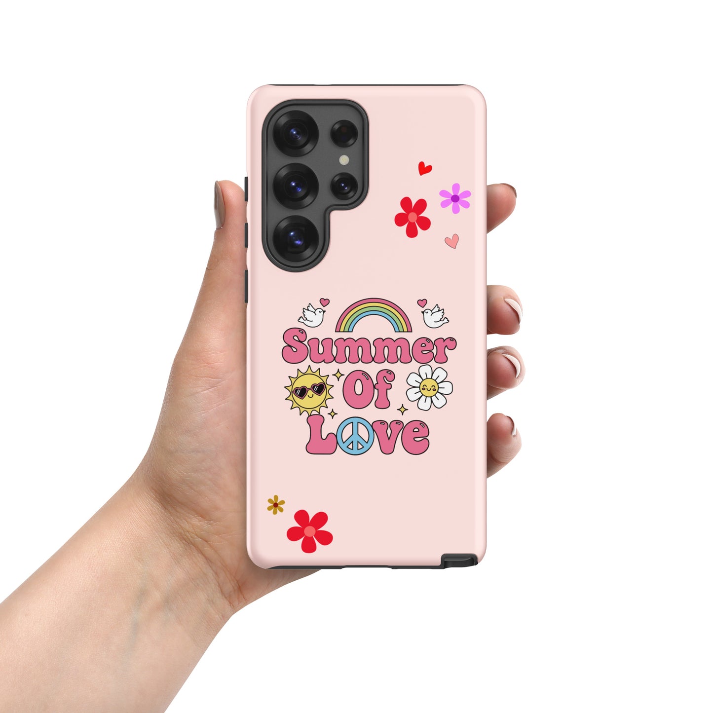 Retro Summer of Love design with pink bubble text, a rainbow, and a smiling sun on a high-quality Samsung Galaxy phone case.