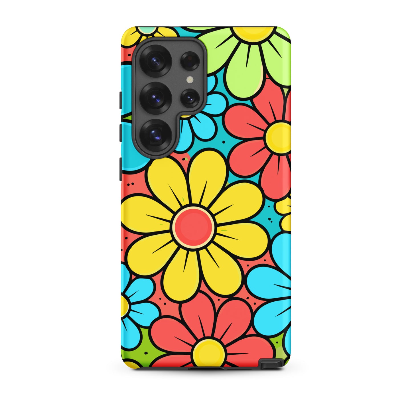 Vibrant 70s style floral pattern with teal, yellow, and lime green flowers on a bright background for Samsung Galaxy.