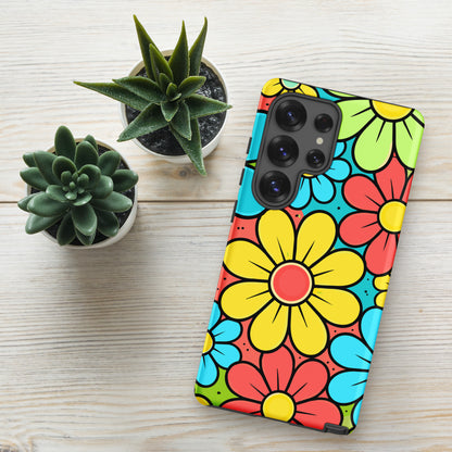Vibrant 70s style floral pattern with teal, yellow, and lime green flowers on a bright background for Samsung Galaxy.