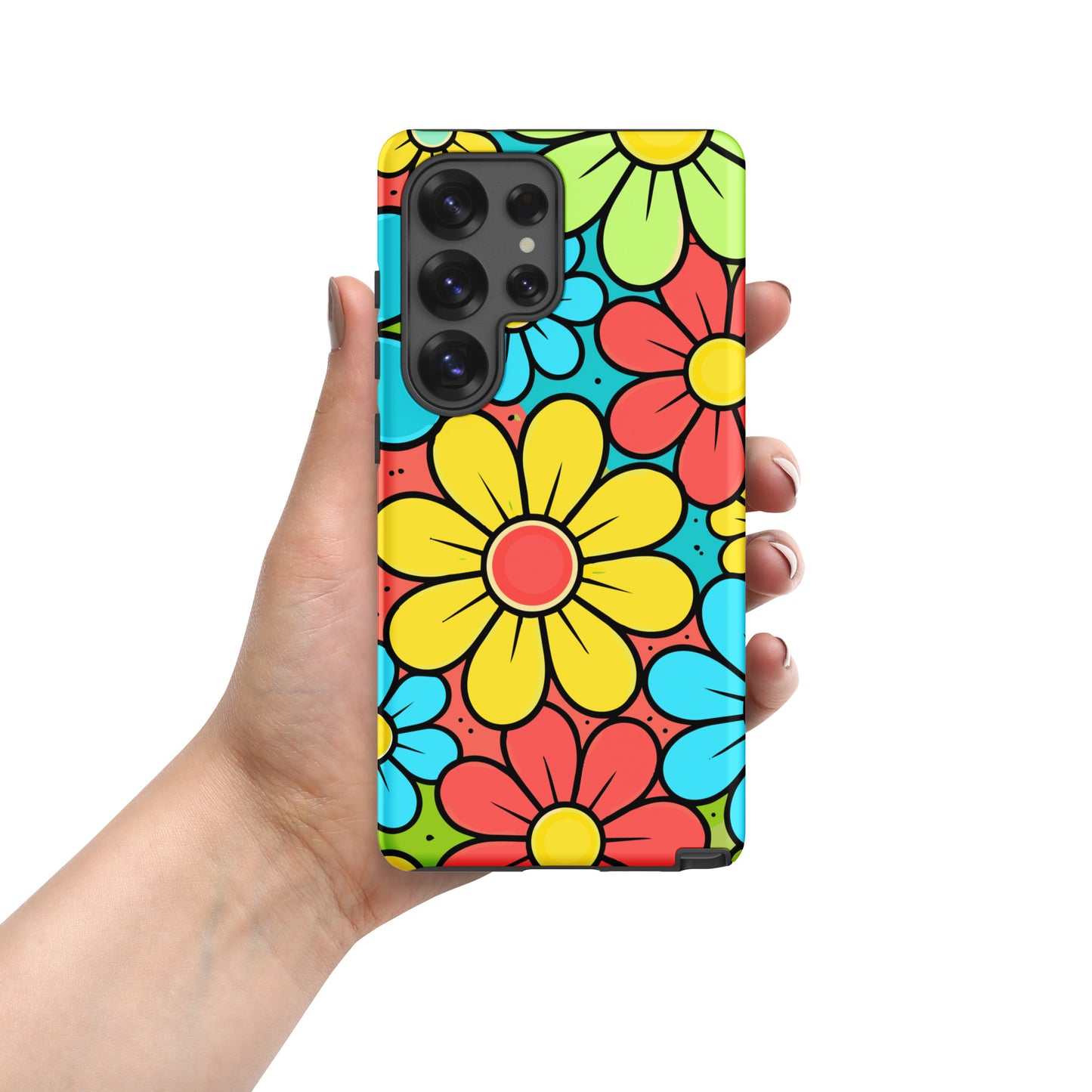 Vibrant 70s style floral pattern with teal, yellow, and lime green flowers on a bright background for Samsung Galaxy.
