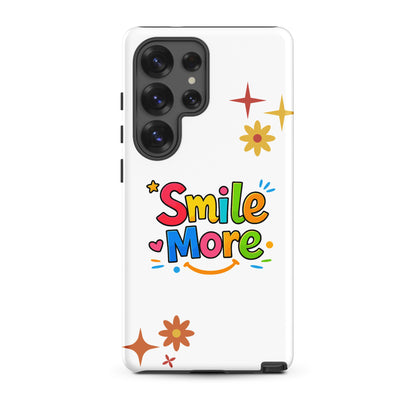Smile More, bubbly lettering with a yellow sun-smile and pink heart on a black Samsung Galaxy phone case.