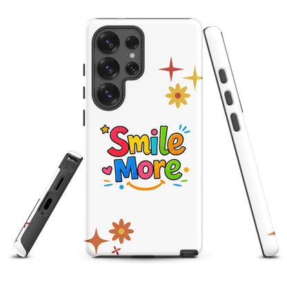 Smile More, bubbly lettering with a yellow sun-smile and pink heart on a black Samsung Galaxy phone case.