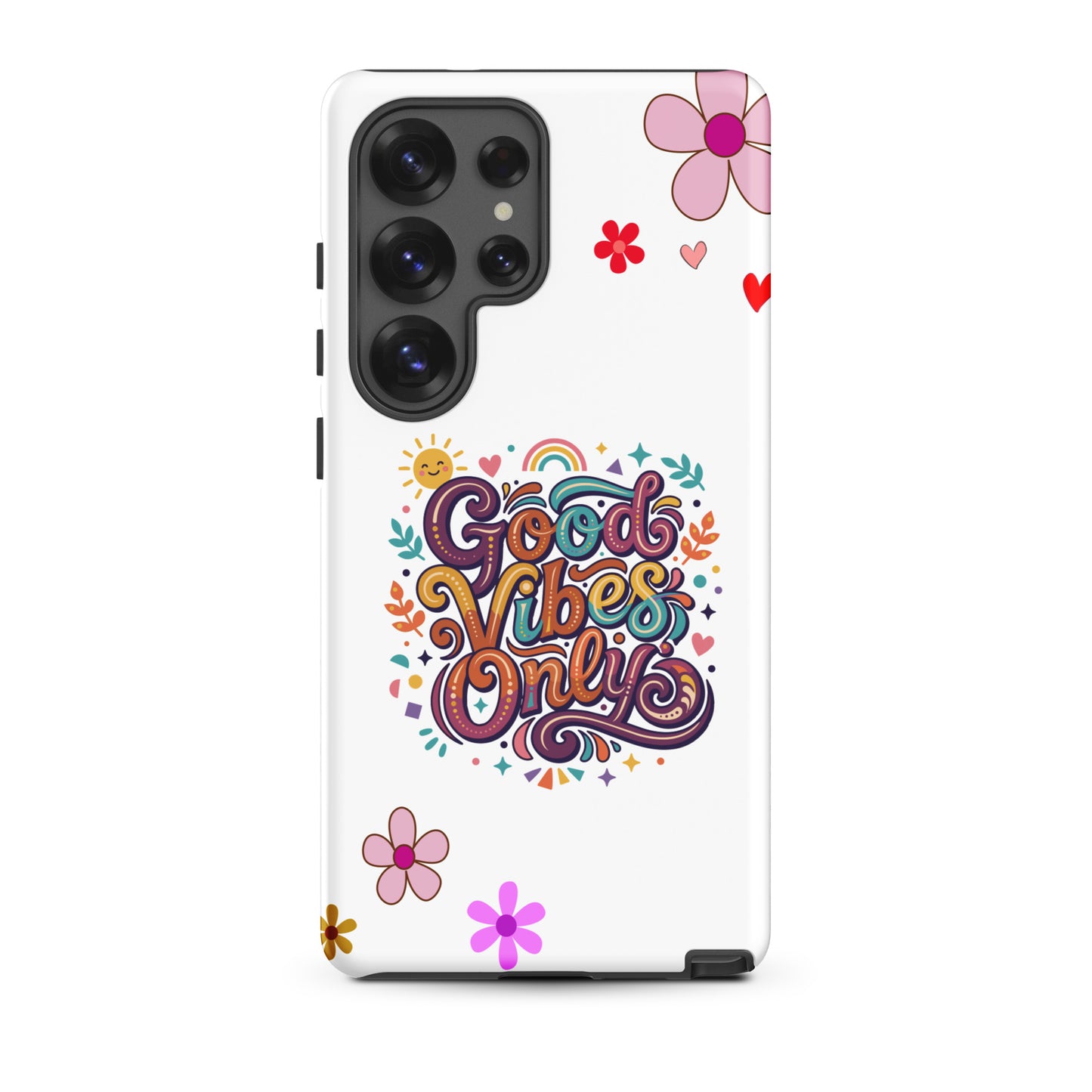 Samsung Galaxy case with 'Good Vibes Only' groovy text, rainbows, and sun illustrations in a 70s psychedelic style.