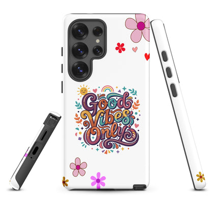 Samsung Galaxy case with 'Good Vibes Only' groovy text, rainbows, and sun illustrations in a 70s psychedelic style.