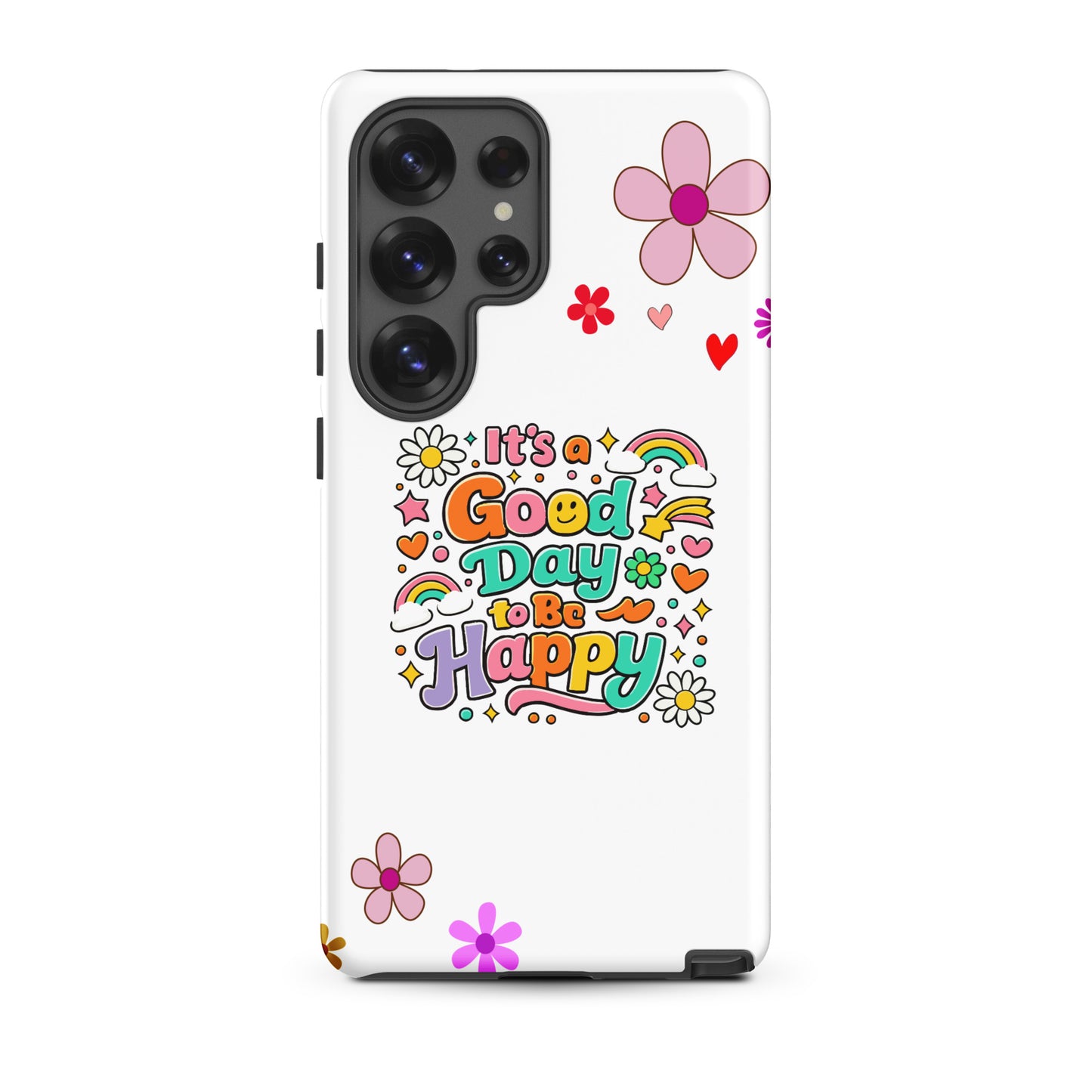 Vibrant retro typography "It’s a Good Day to Be Happy" with rainbows and daisies on a black Samsung Galaxy phone case.