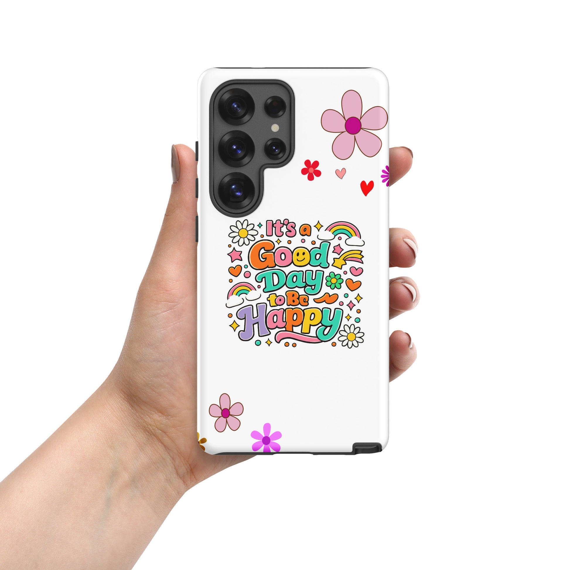 Vibrant retro typography "It’s a Good Day to Be Happy" with rainbows and daisies on a black Samsung Galaxy phone case.