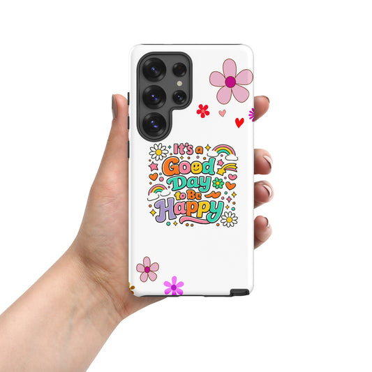 Vibrant retro typography "It’s a Good Day to Be Happy" with rainbows and daisies on a black Samsung Galaxy phone case.