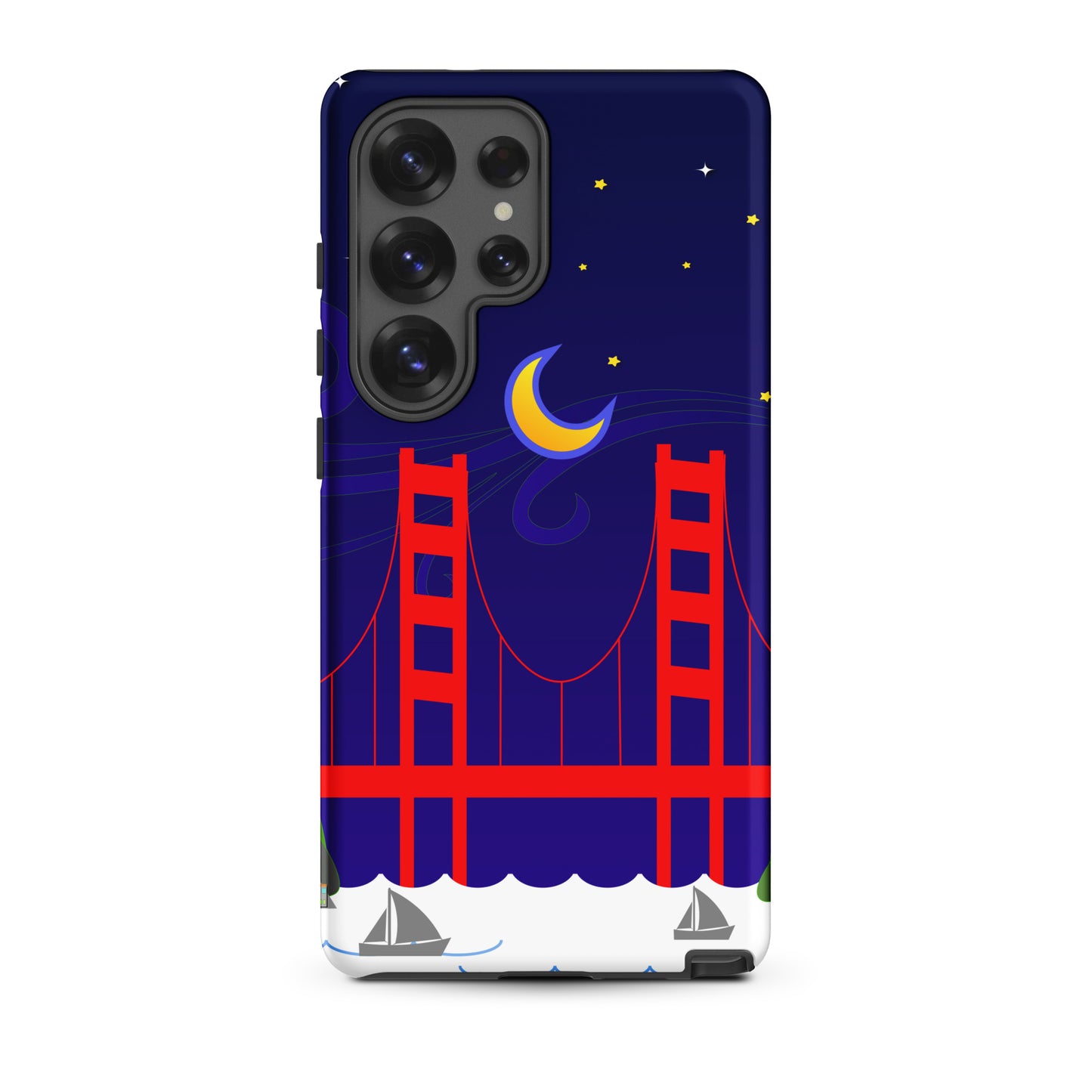 Golden Gate Bridge night scene with a crescent moon and swirling stars on a Samsung Galaxy phone case.