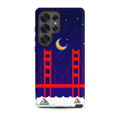 Golden Gate Bridge night scene with a crescent moon and swirling stars on a Samsung Galaxy phone case.