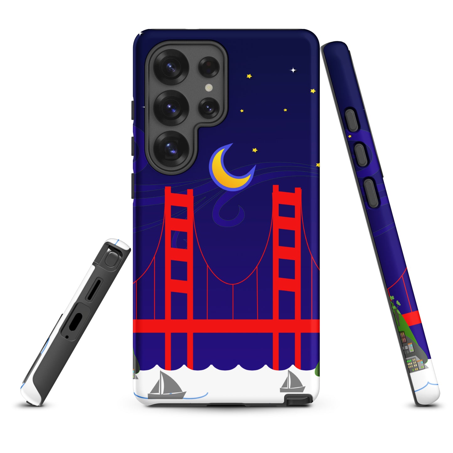 Golden Gate Bridge night scene with a crescent moon and swirling stars on a Samsung Galaxy phone case.