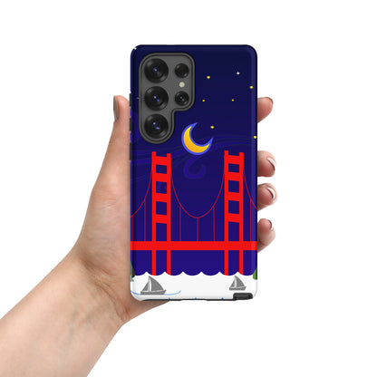 Golden Gate Bridge night scene with a crescent moon and swirling stars on a Samsung Galaxy phone case.