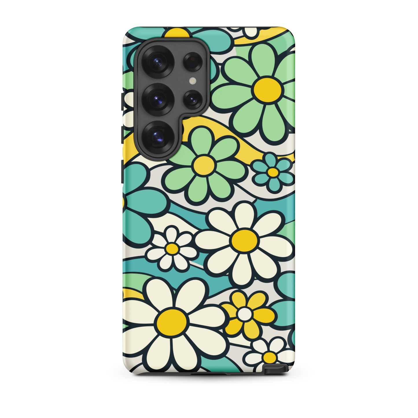 Protective Samsung Galaxy case featuring a seamless 70s retro floral pattern with teal and yellow daisies and wavy lines.