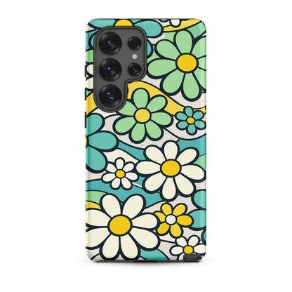 Protective Samsung Galaxy case featuring a seamless 70s retro floral pattern with teal and yellow daisies and wavy lines.