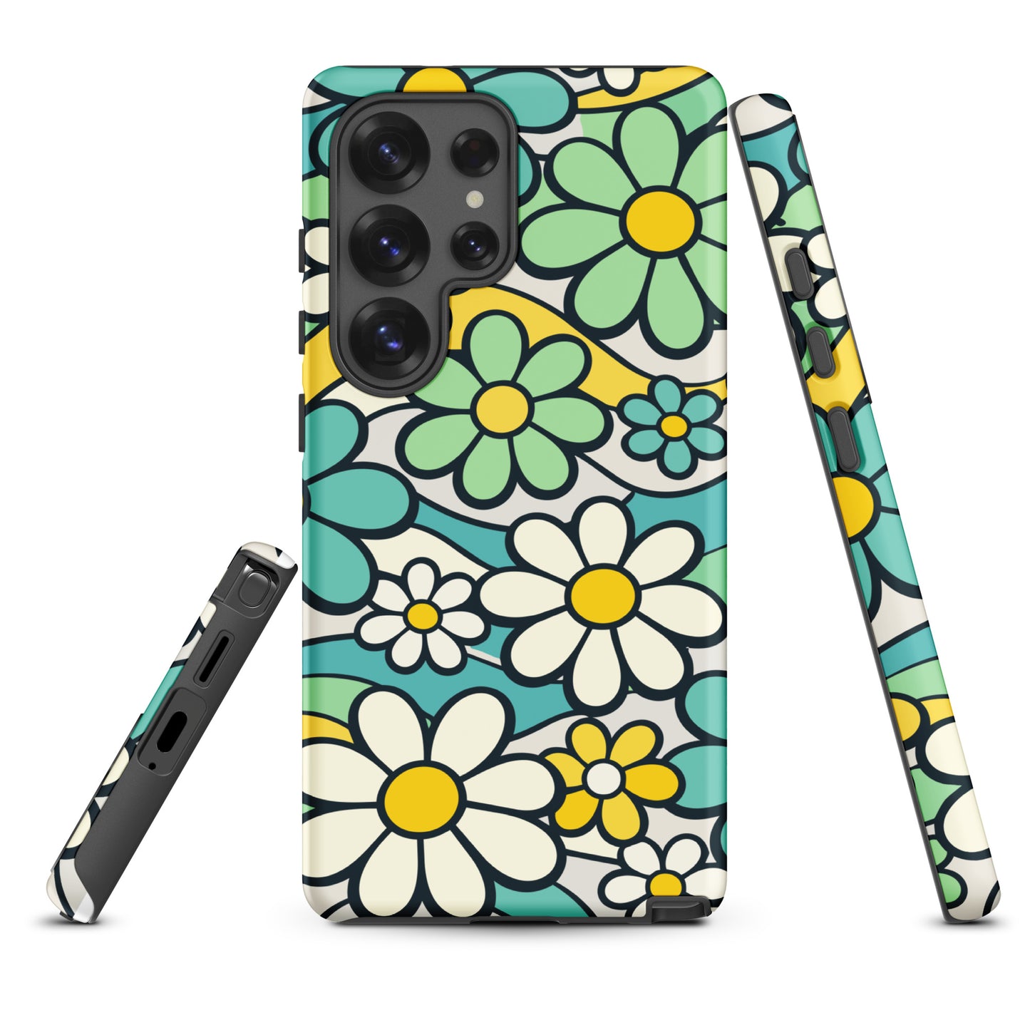 Protective Samsung Galaxy case featuring a seamless 70s retro floral pattern with teal and yellow daisies and wavy lines.