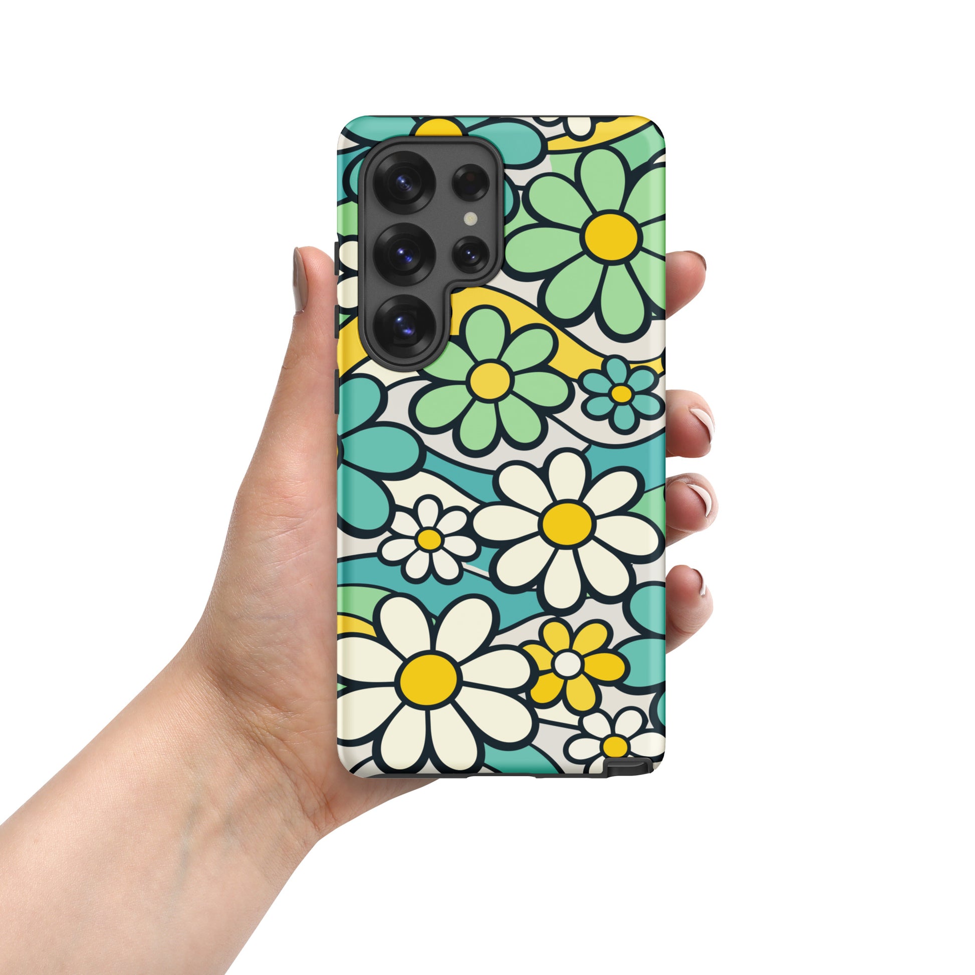 Protective Samsung Galaxy case featuring a seamless 70s retro floral pattern with teal and yellow daisies and wavy lines.