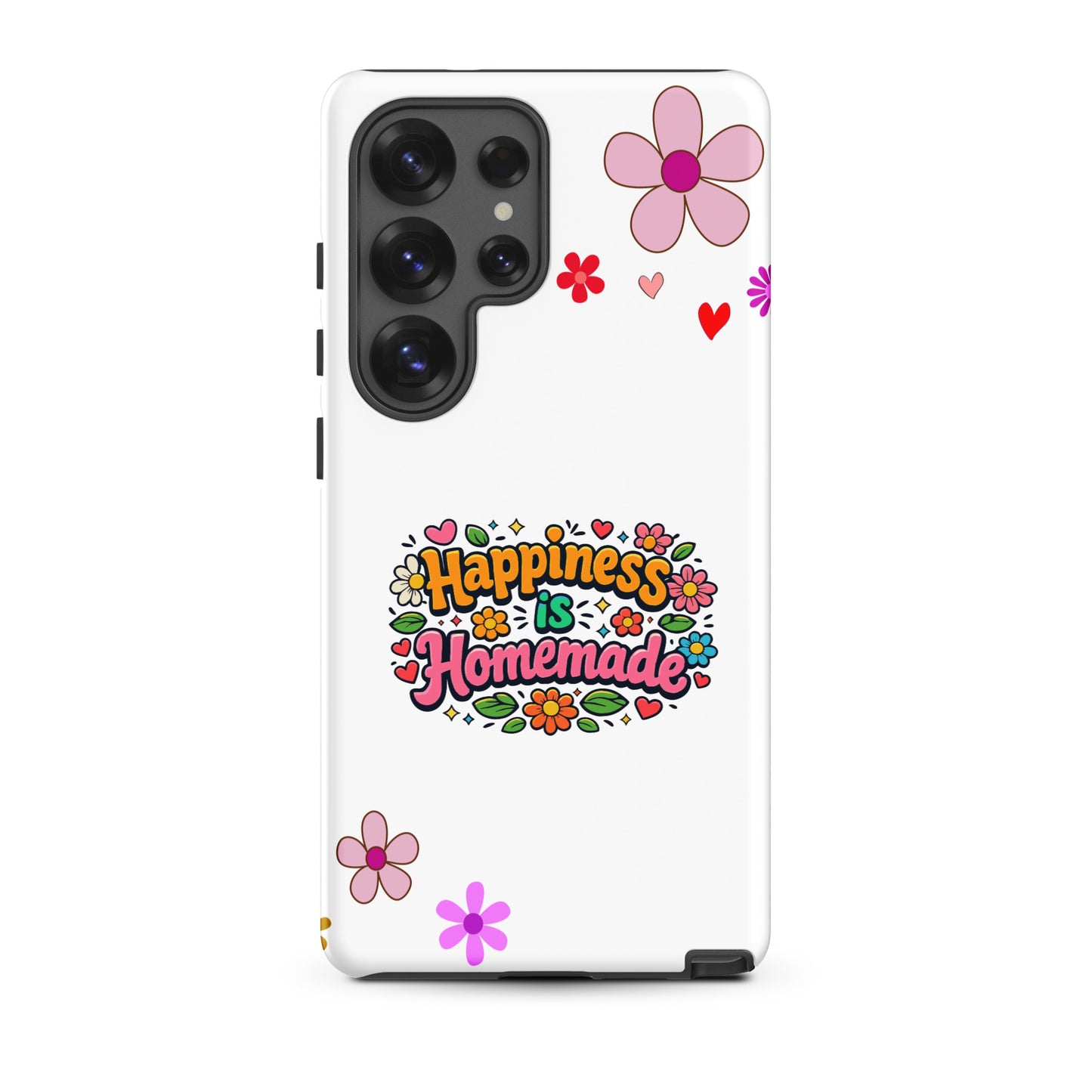 Groovy Samsung Galaxy case with 'Happiness is Homemade' text, surrounded by 70s flowers and hearts on a black background.