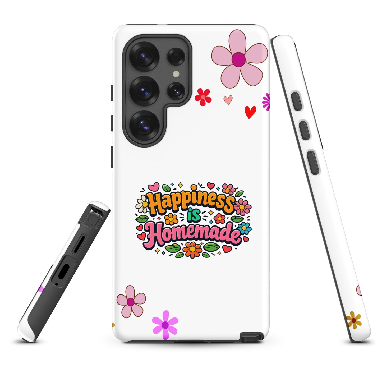 Groovy Samsung Galaxy case with 'Happiness is Homemade' text, surrounded by 70s flowers and hearts on a black background.