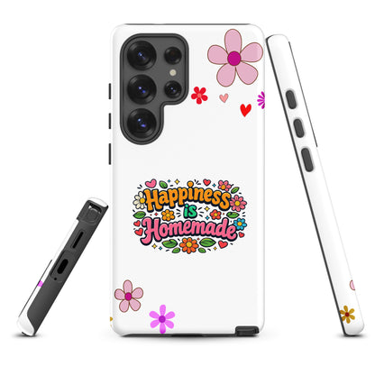 Groovy Samsung Galaxy case with 'Happiness is Homemade' text, surrounded by 70s flowers and hearts on a black background.