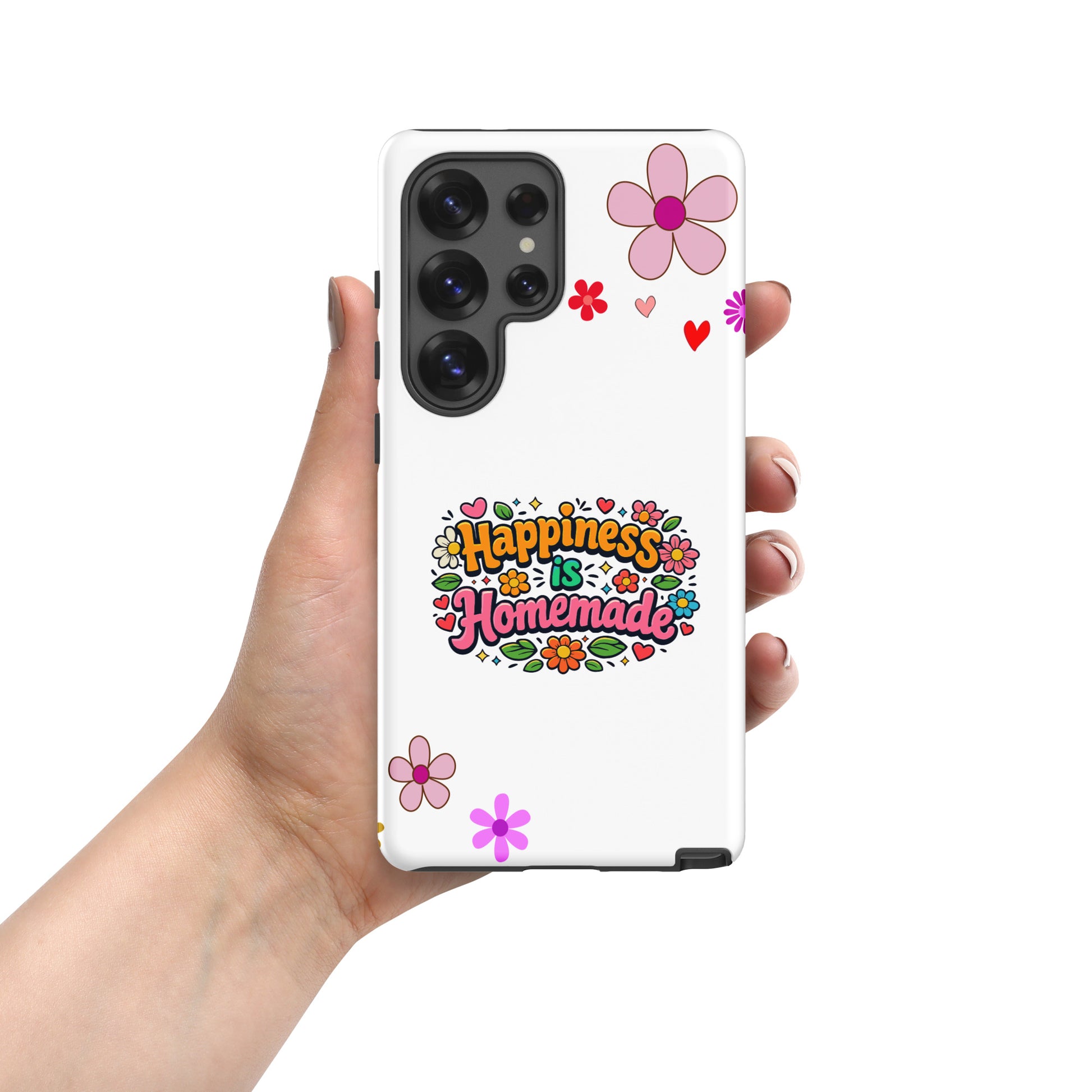 Groovy Samsung Galaxy case with 'Happiness is Homemade' text, surrounded by 70s flowers and hearts on a black background.