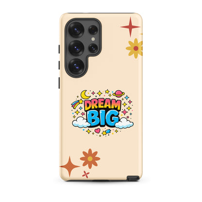 Retro cosmic Dream Big design with stars, planets, and clouds in vibrant colors on a black Samsung Galaxy phone case.