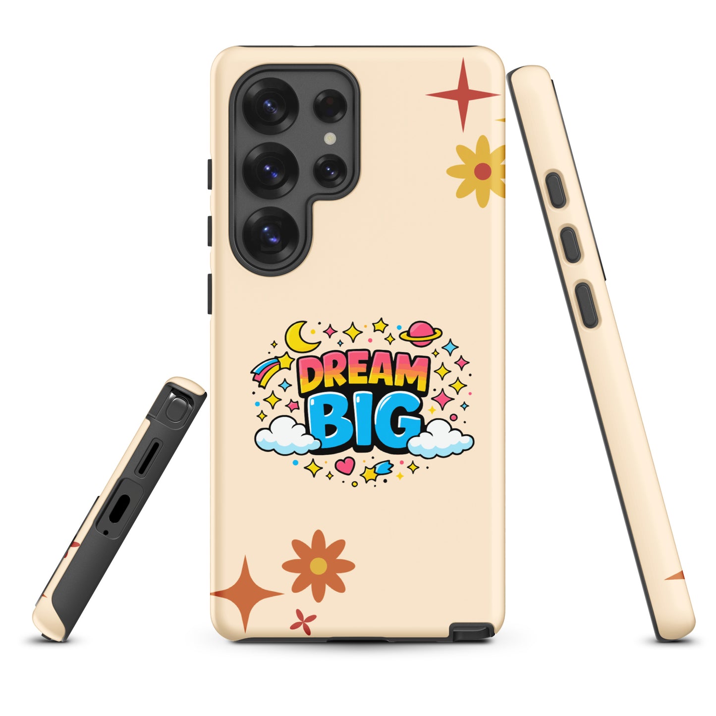 Retro cosmic Dream Big design with stars, planets, and clouds in vibrant colors on a black Samsung Galaxy phone case.