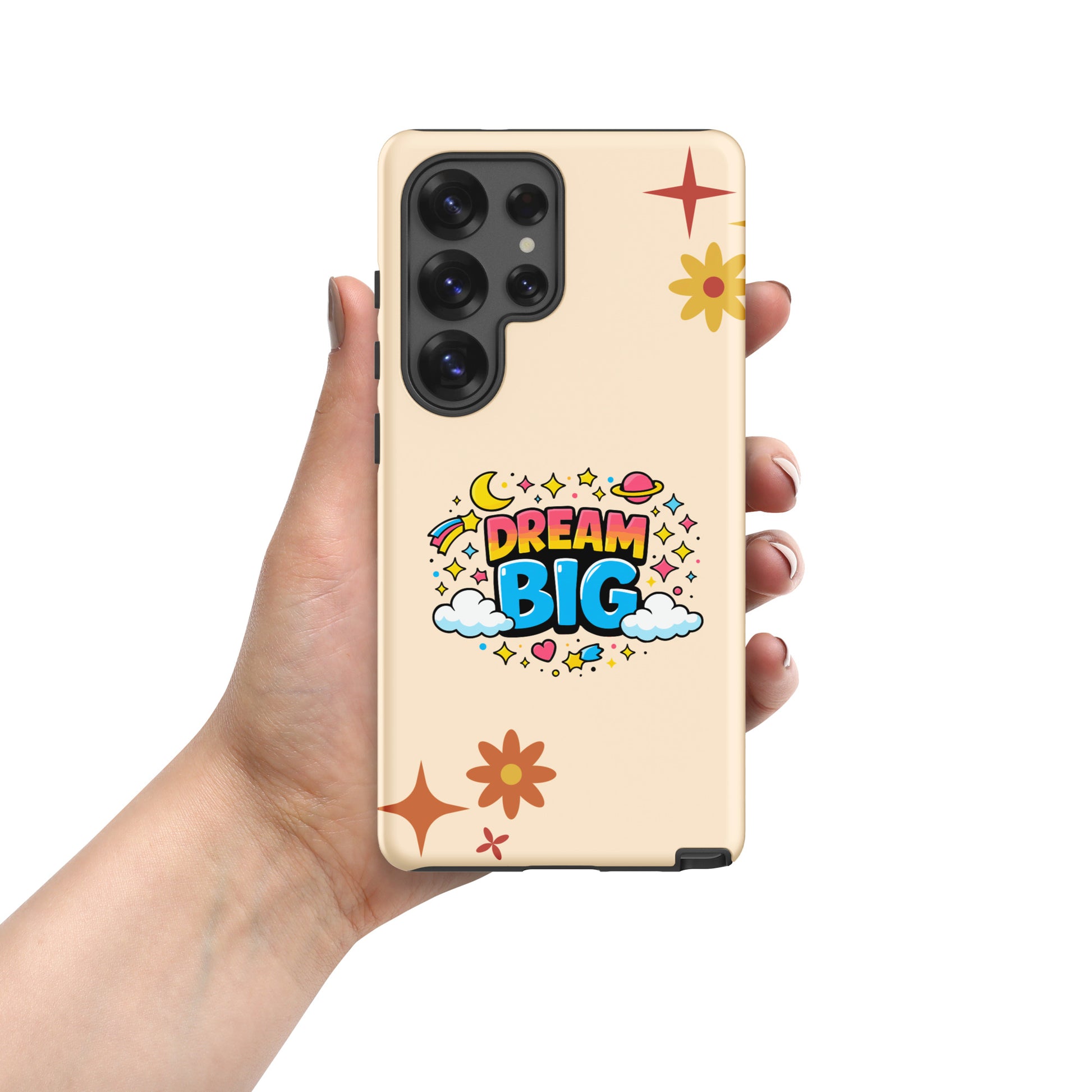Retro cosmic Dream Big design with stars, planets, and clouds in vibrant colors on a black Samsung Galaxy phone case.