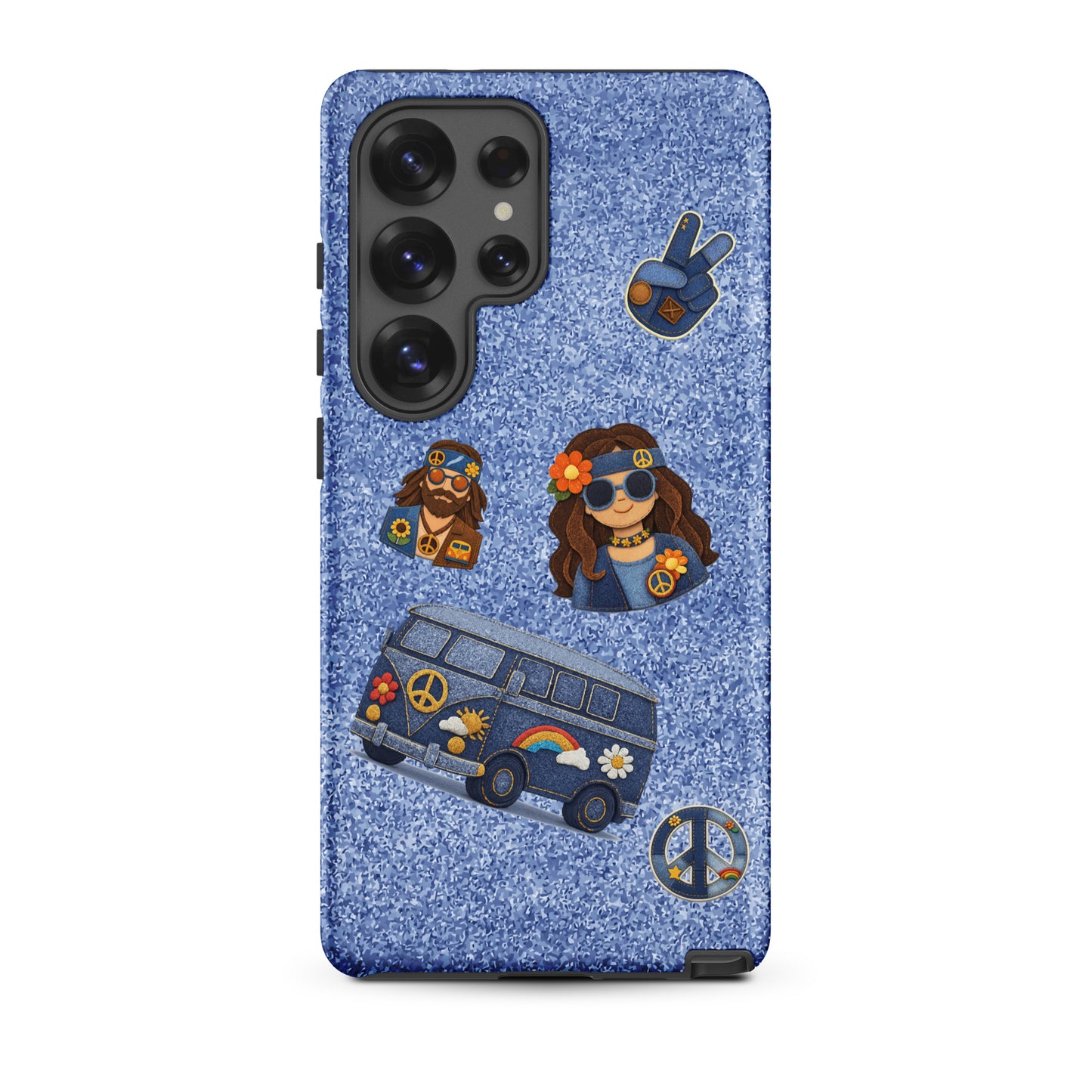 Digital art of denim-textured hippie patches including a van, peace sign, and boho characters on a blue jeans background.