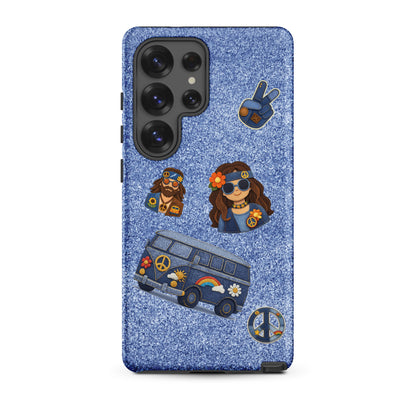 Digital art of denim-textured hippie patches including a van, peace sign, and boho characters on a blue jeans background.