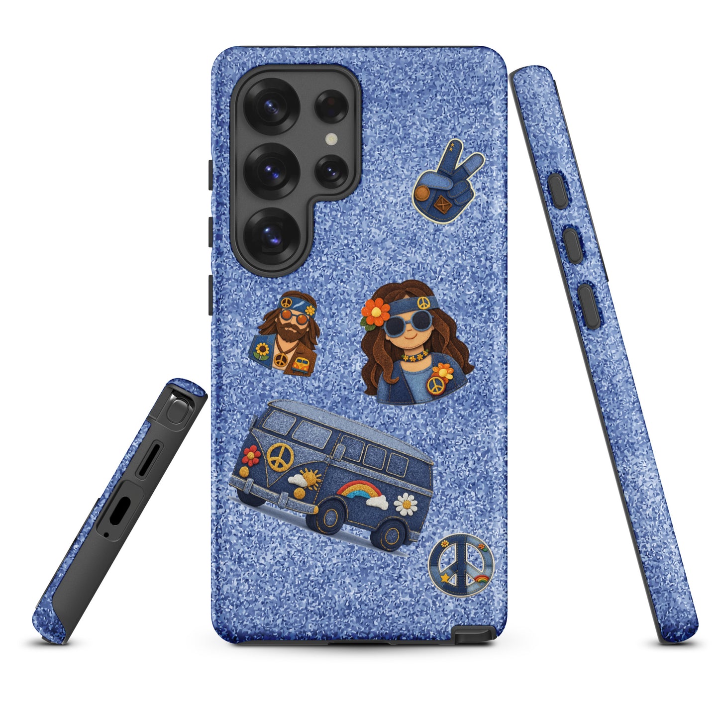 Digital art of denim-textured hippie patches including a van, peace sign, and boho characters on a blue jeans background.