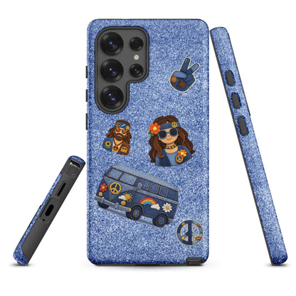 Digital art of denim-textured hippie patches including a van, peace sign, and boho characters on a blue jeans background.