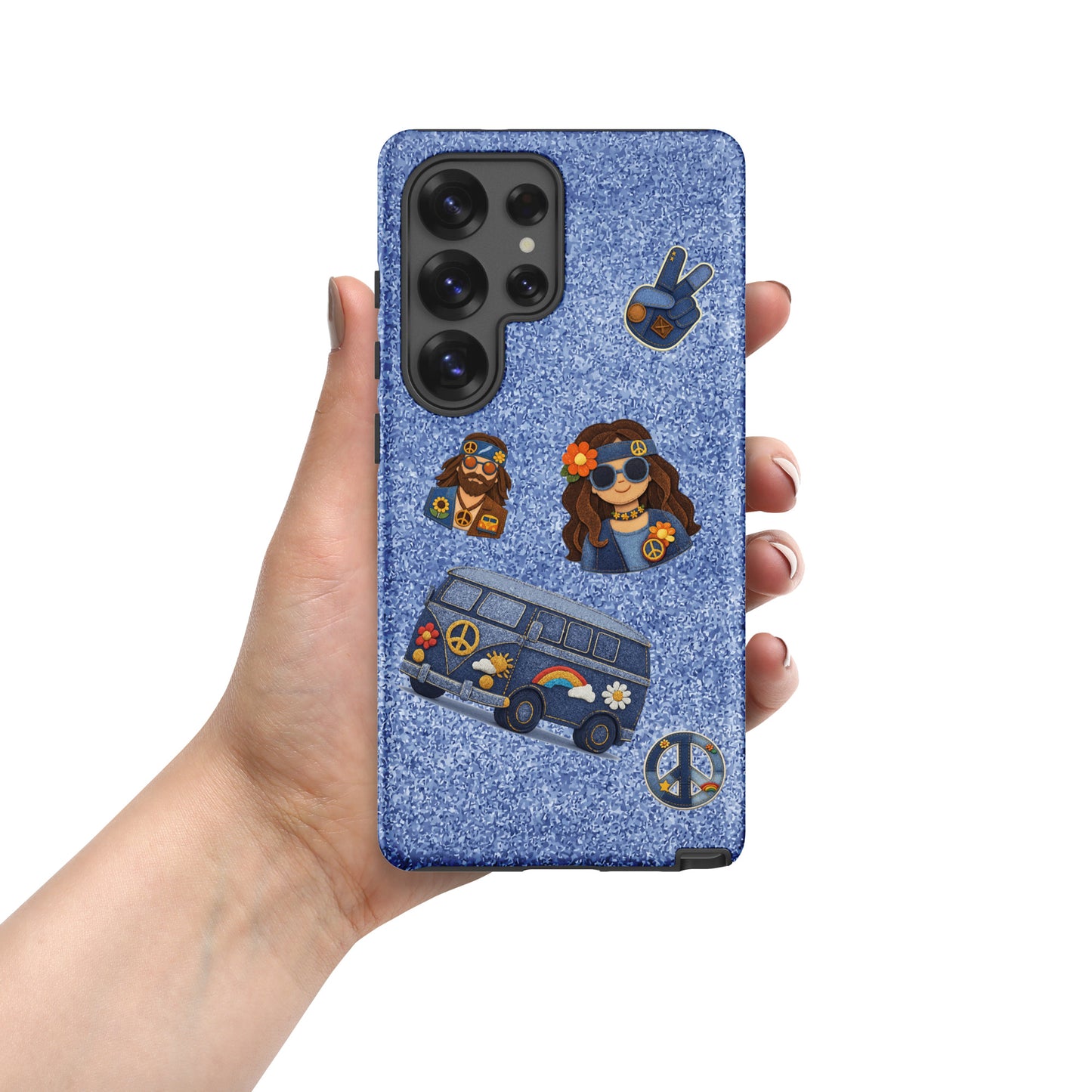 Digital art of denim-textured hippie patches including a van, peace sign, and boho characters on a blue jeans background.