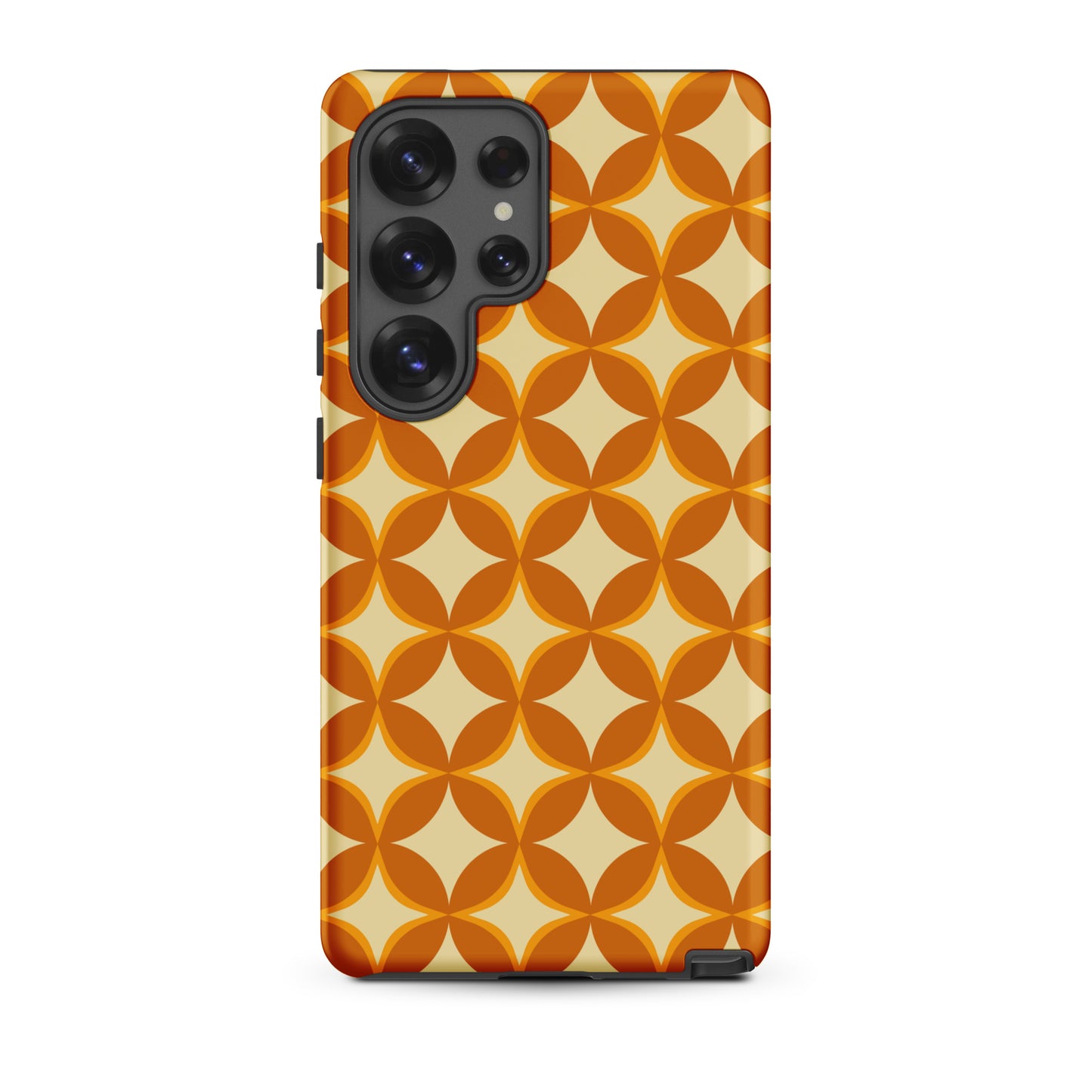 Protective Samsung Galaxy phone case featuring a 1970s retro geometric pattern of orange and mustard petal shapes.